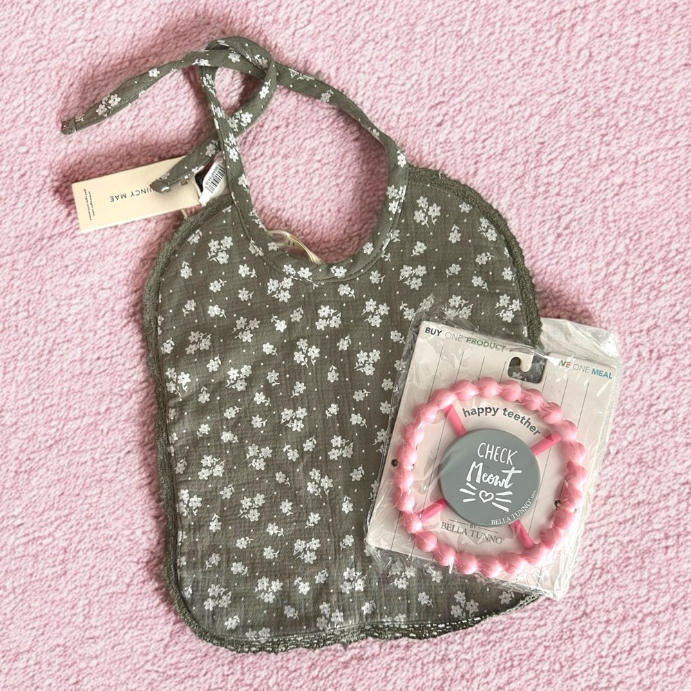 Quincy Mae Gray and Pink Bib with Floral Design